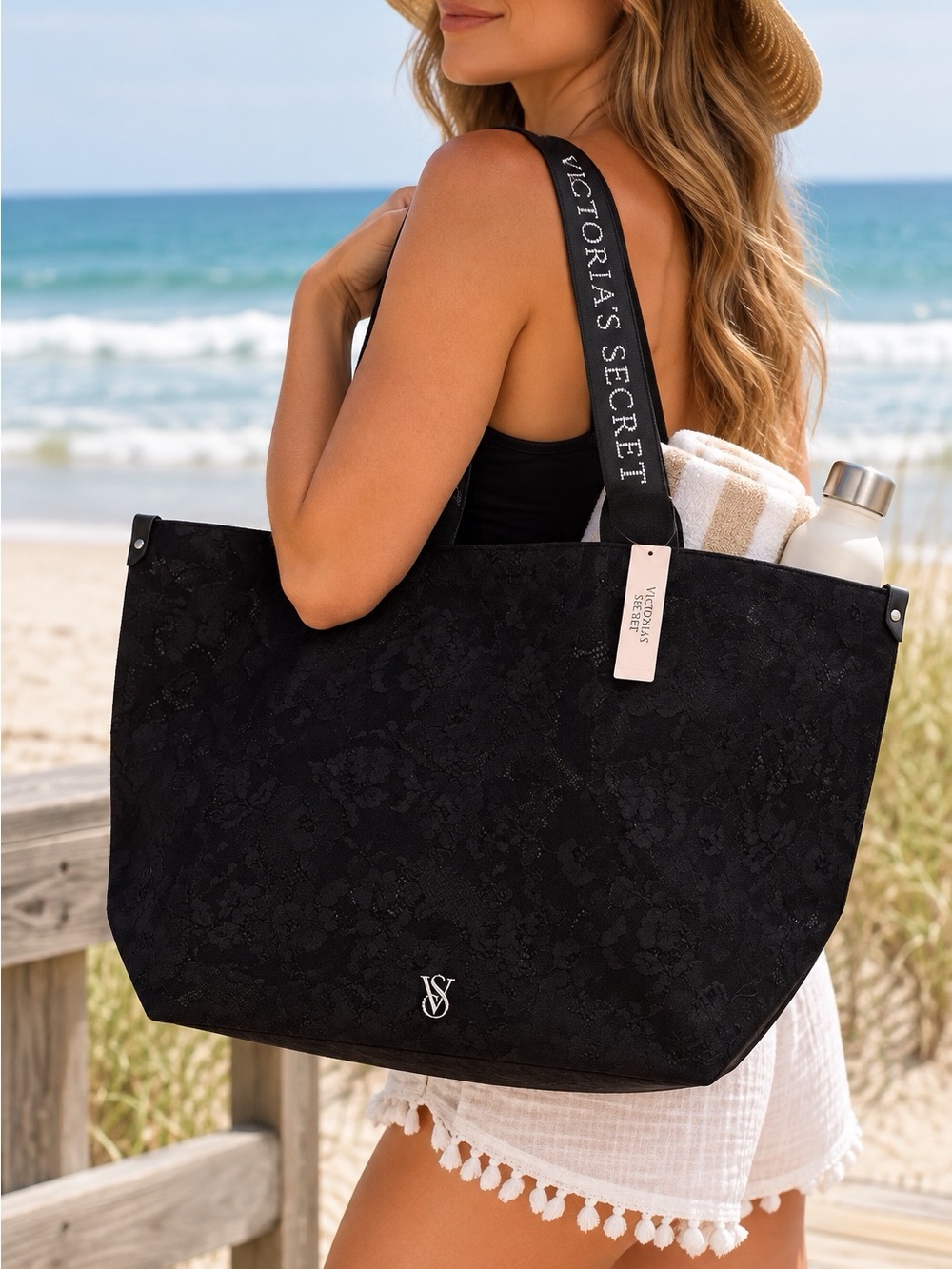 Victoria's Secret Black Lace-Texture Tote with Logo Strap